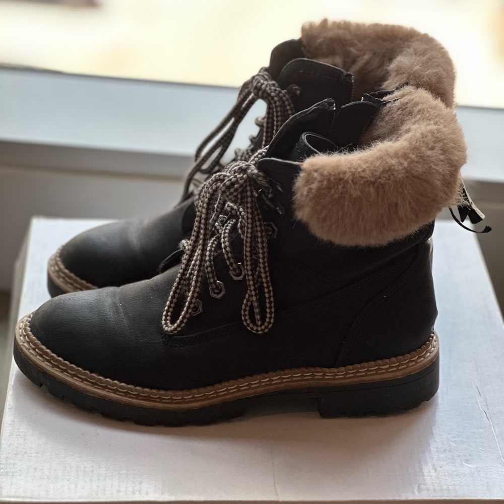 Steve Madden Black and Tan Boots with Fur Trim